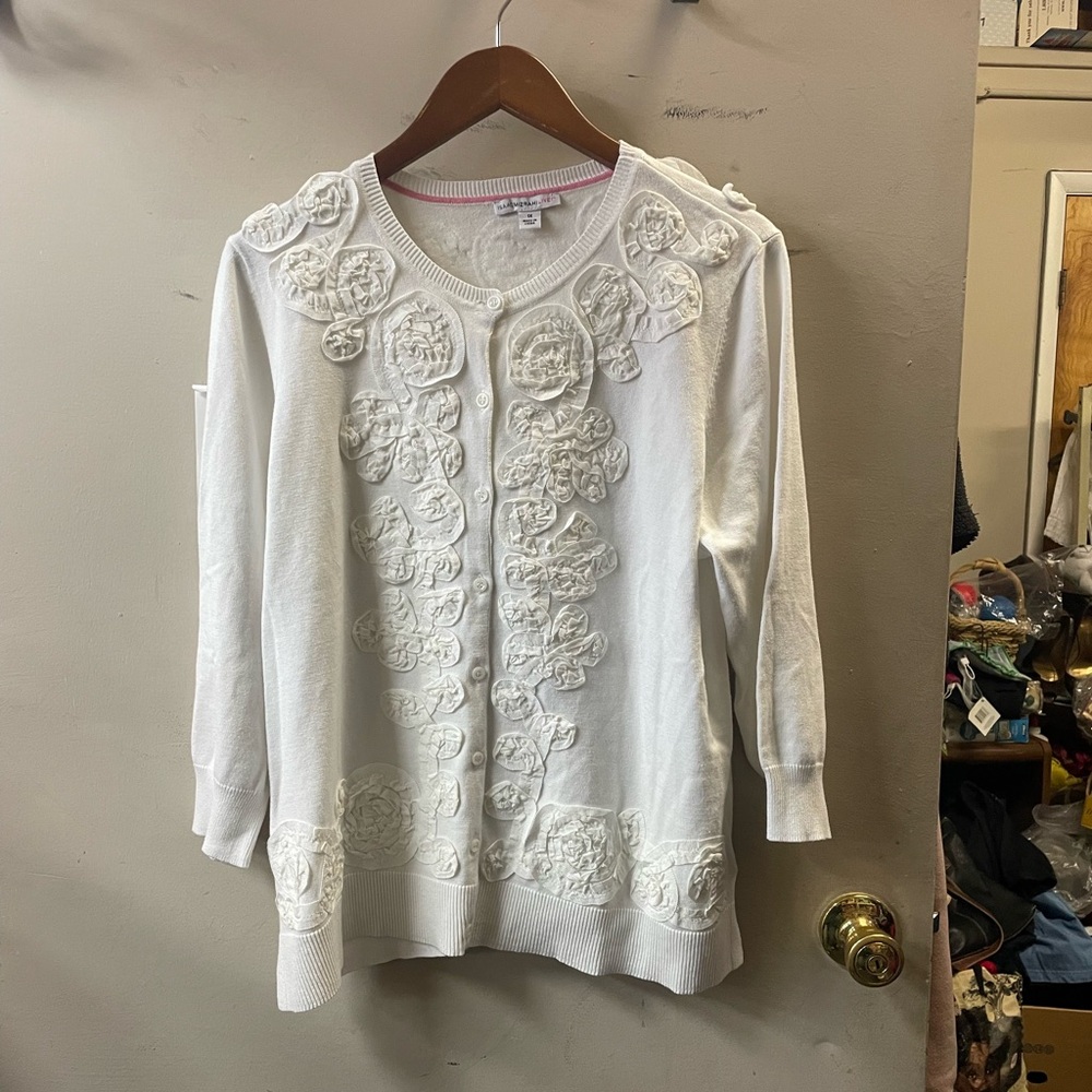 IsaacMizrahiLive 3/4 sleeve plus size, white, button down cardigan